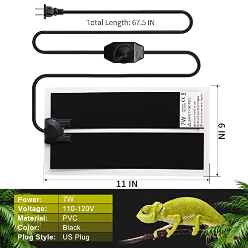 7W 11 X 6 Inch Reptile Heating Pad With Temperature Controller, Non-Adhesive Waterproof Heat Mat, Power Adjustment Tank Terrarium Heater Mat For Reptiles, Amphibians, Pets, Small Animals And Seeding #TOP1