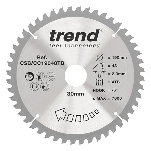 Trend Wood Cordless Mitre Saw Blade, 190mm Diameter, 30mm Bore, 48 Teeth, 2.3mm Kerf, -5° Hook, TCT, Fine Finish, CSB/CC19048TB