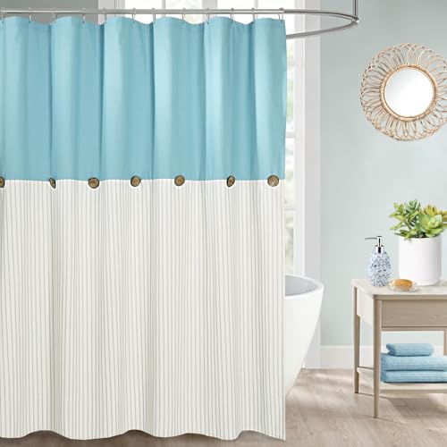 DOSLY IDÉES Rideau de Douche Rustique à Rayures Beige et Bleu Sarcelle pour Salle de Bain, Rideau à Boutons, Tissu tissé en mélange de Coton, Style...