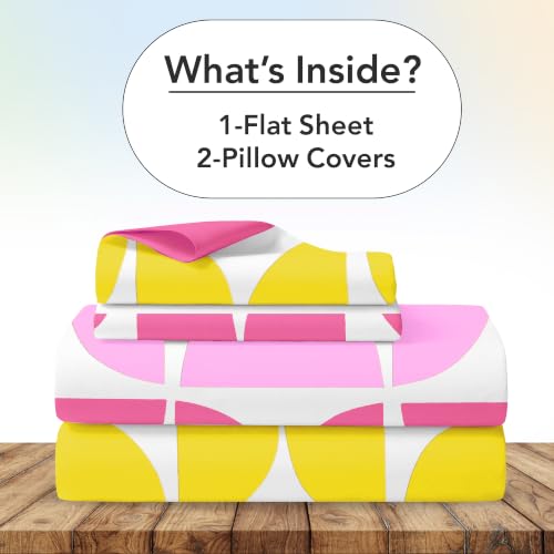 Image of Divine Casa Cotton King Size Bedsheet | 210 TC Soft Breathable Pigment Twill Satin Bed Sheet with 2 Pillow Covers | Luxury Bedding Set | 275 x 275 cm (Pink & Yellow, Gemetic)