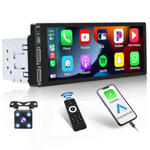 Hikity 1 DIN 6,86 Autoradio mit Wireless CarPlay und Android Auto, Bluetooth Radio, Hochauflösendem LCD-Bildschirm, Rückfahrkamera, DVR, SWC, USB, Type C, FM, EQ