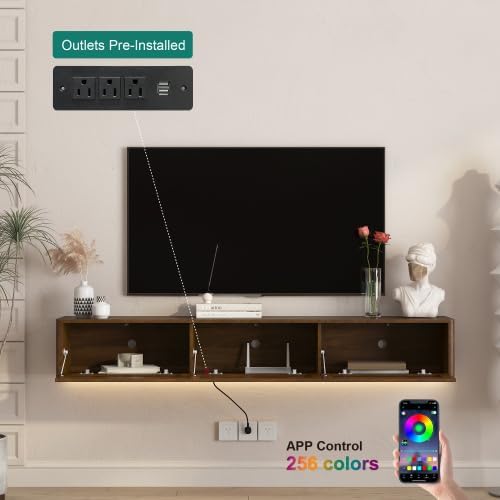 Ferand Floating TV Stand Wall Mounted with LED Lights & Power Outlet, High Gloss Modern TV Shelf Unit with Storage Cabinets, Media Console for Living Room, Holds TV Accessories, Game Consoles & Decor