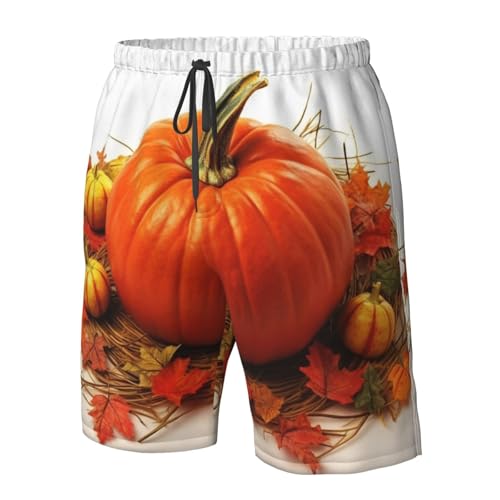 Fall Pumpkin Men's Swim Trunks Quick Dry Board Shorts with Pockets Casual Drawstring Beach Shorts4