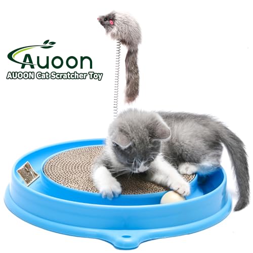 AUOON Cat Scratcher Toy - Cat Scratch Pad with Cat Toy Ball Track and Plush Mouse Toy for Indoor Cats and Kittens (Blue)