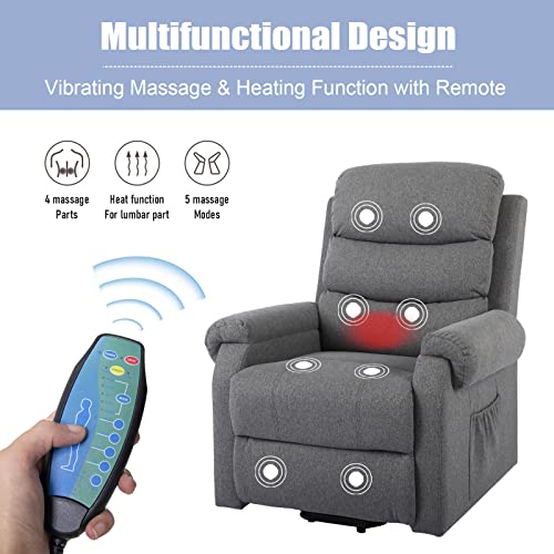Vuyuyu Power Lift Recliner Chair For Elderly With Heat And Massage, Reclining Sofa Chair For Living Room With Infinite Position/Remote Controls/Usb Port/Side Pockets/Linen Fabric (Grey) #TOP2