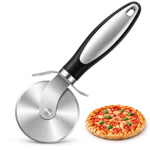 Cortador de Pizza Acero Inoxidable Cortapizzas con Mango Ergonomico Negro | Hoja afilada acero inox. grado alimentario. Mango antideslizante. Apto lavavajillas. Para pizza masa quiche crepes lasana.