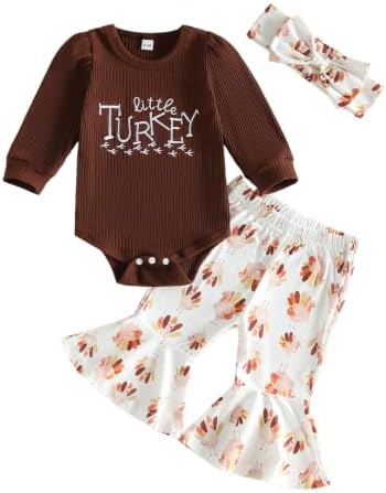 Twopumpkin Baby Girl Halloween Thanksgiving Outfit 3 Piece (M Little Turkey Brown, 3-6 Months)