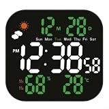 Momfin Grande orologio da parete digitale LCD con previsioni meteo, temperatura e umidità, grande orologio da parete digitale, luminosità regolabile, doppio allarme, alimentazione USB (verdeA)
