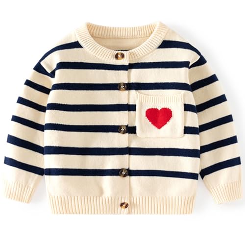 Winmany Toddler Cardigan Sweater Kids Striped Knit Button Down Sweater with Heart Pocket, Soft Cotton Cardigan for Girls Boys