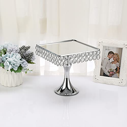 Bstkey 8" Square Wedding Metal Cake Display Stand With Mirror Top Plate, Silver Cupcake Stand With Crystal Beads Decor Pedestal, Dessert Stand For Parties Birthday Afternoon Tea Supplies Centerpiece #TOP5