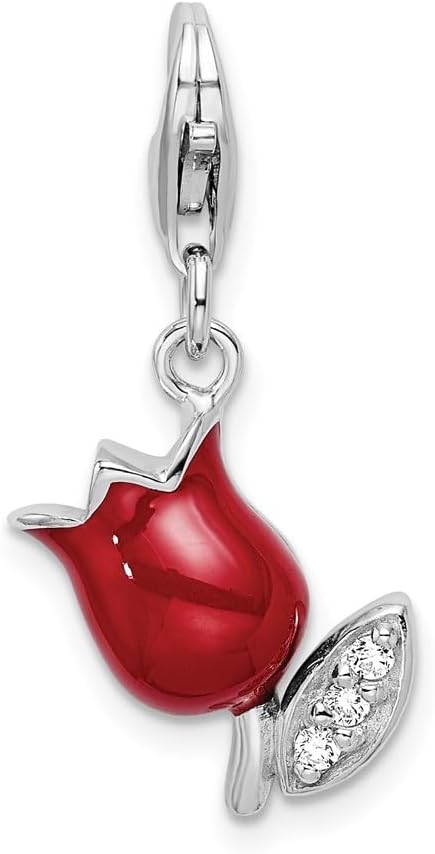 Amore La Vita Sterling Silver Rhodium-plated Polished CZ Red Enameled Tulip Flower Charm with Fancy Lobster Clasp