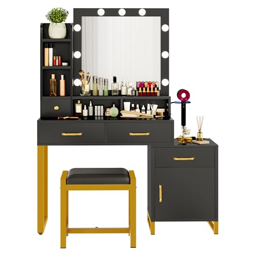 YITAHOME Dressing Table With Mirror and Stool,Vanity Makeup Table with Drawers w/ 3-Color LED Lights Mirror,Lights Brightness Adjustable,Power Outlet,Black Makeup Desk for Bedroom