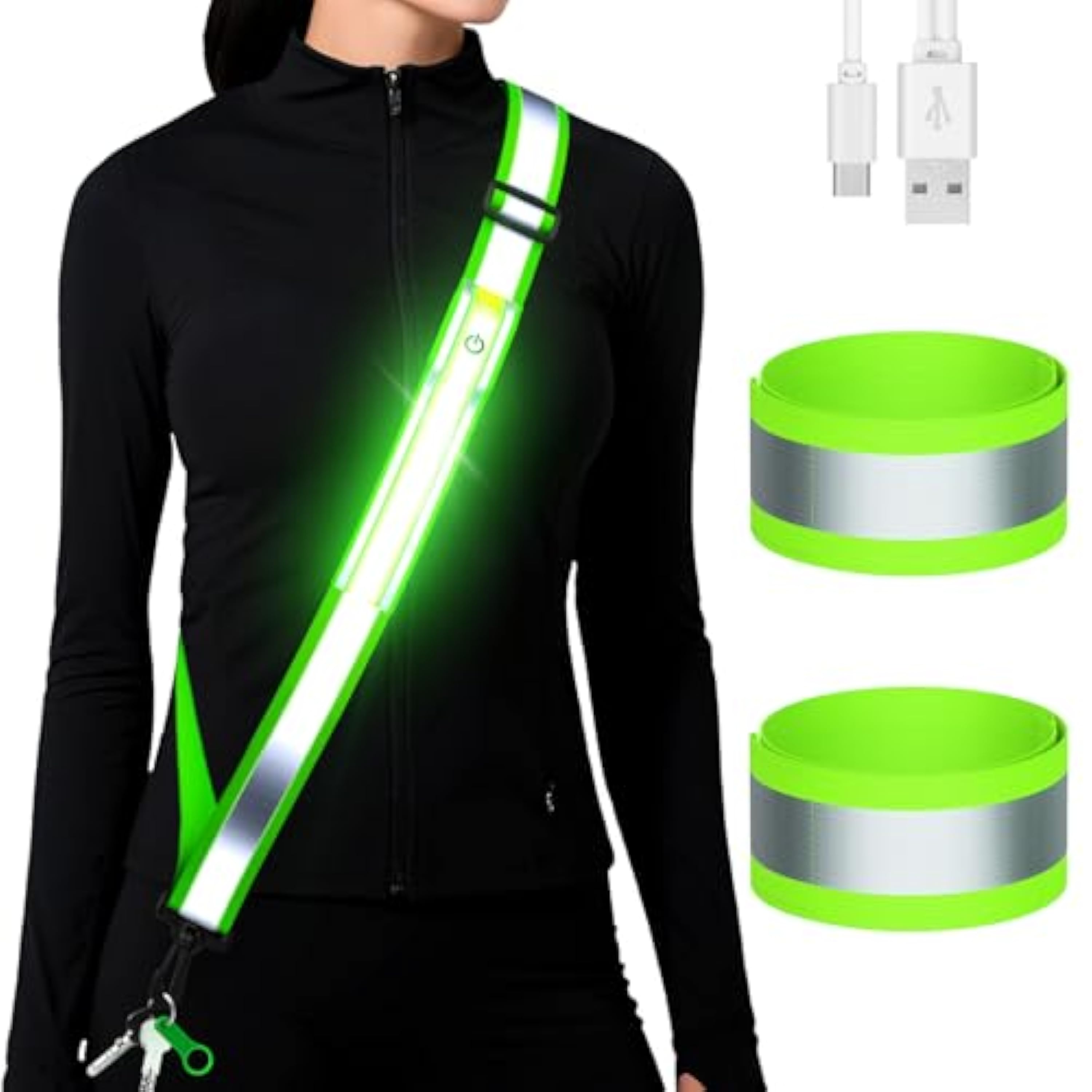 Fokia Kunbio Cinturón Reflectante LED de Alta Visibilidad con Brazalete para Caminar por la Noche, cinturón de Seguridad Ajustable para Correr, cinturón de Correr Iluminado para Corredores (Verde)