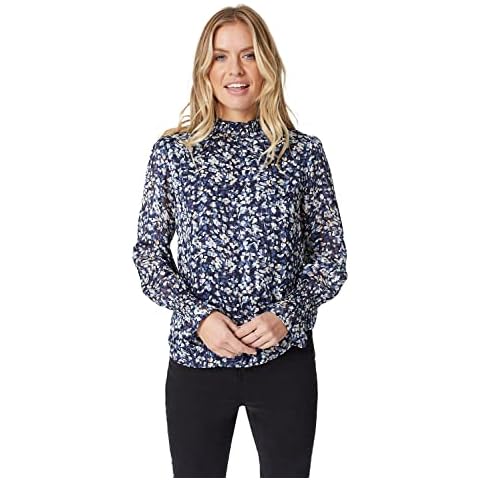 Izabel London High Neck Blouse for Women UK with Round Neck Long Sheer Sleeves and Hip Length. Navy Cover