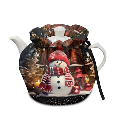 Image of Snowman Show Window Teapot Cozies, Heat Preservation Teapot Dust Cover with Drawstring Creative Kitchen Tea Pot Cover, Home Kitchen Table Hotel Christmas Decor