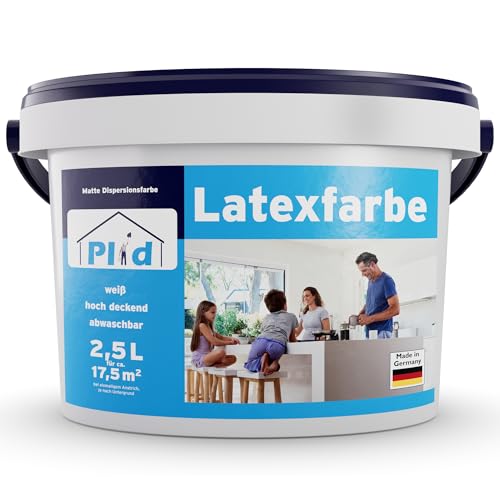 Plid® Latexfarbe Weiß matt - Abwaschbare Farbe Innen für Küche & Badezimmer - Latexfarbe abwaschbar leicht zu reinigen & nicht schlämmend - abwaschbar nicht füllend (2500ml - matt)