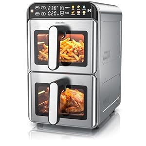 Arendo – Heißluftfritteuse XXL Edelstahlgehäuse - 2 Kammern Doppelstock – 11 Liter Airfryer 2 Zonen – mit Sichtfenster – individuelle Temperatureinstellung – Infrarot Heizelement