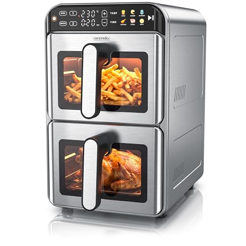 Arendo Heißluftfritteuse XXL Edelstahlgehäuse - 2 Kammern Doppelstock 11 Liter Airfryer 2 Zonen mit Sichtfenster individuelle Temperatureinstellung Infrarot Heizelement