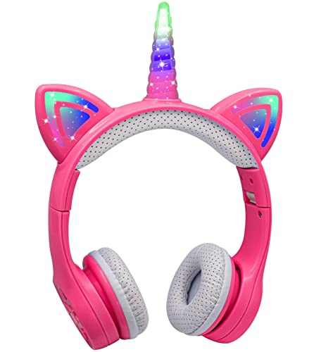 Unicorn Kids Wireless Headphones,15 Hours Play time,Yusonic Toddler Bluetooth Headphones for Girls Boys laptop Tablet,Led Light Up Kids wireless Headphone for Birthday travel school Gifts. (PINK)