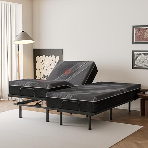 Image of Dyonery Split King Adjustable Bed Base + 12 Inch Gel Memory Foam Mattress | Wireless Remote, Head and Foot Incline & Massage, Zero Gravity, Gel-Infused Foam, Fiberglass Free, Tools-Free Assembly