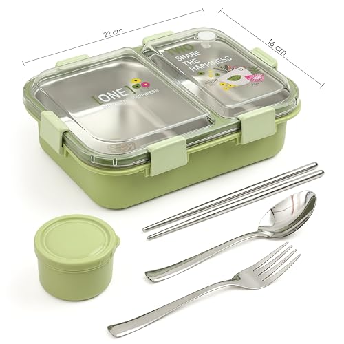 Image of Brand Conquer Lunch Box Leak-Proof BPA Free Stainless Steel for School, Lunch Box for School & Office with a Fork, a Spoon and a Pair of Chopsticks (Classic Green, Happiness Lunch Box 2 Compartment)