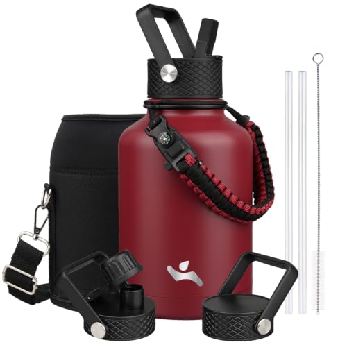 Image of Konokyo Insulated Water Bottle with Straw,50 oz 3 Lids Water Jug with Carrying Bag,Paracord Handle,Double Wall Vacuum Stainless Steel Metal Flask,Dark Red