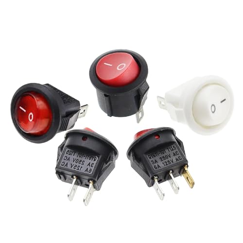 Round Rocker Switch, 15mm On/Off, 2-Pin DC/AC 3A 250V, Black and Red, 10 Pack, for Car Dashboard and Marine Applications (2Pin ON-Off Red)