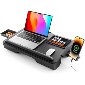 Laptopkissen, Laptop Ständer Bett, SAIJI Stabil Laptop Kissen, neues Komfortables Leder, bis zu 17", mit Handgelenkauflage, Handyhalterung, Schublade, für Sofa, Bett, Tisch