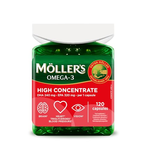 Moller’s ® | High Concentrate | Omega 3 | Aceite de pescado de alta concentración | Alta dosis de 3360 mg de EPA+DHA | En triglicéridos | Cerebro, vista, corazón y presión arterial | 120 cápsulas