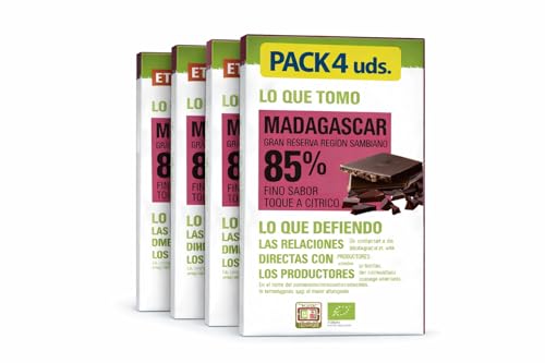 Pack 4x Chocolate Negro 85% Madagascar Ethiquable Bio 100 g | 4 Tabletas de 100 g (Total 400 g) | Cacao Ecológico de Origen Madagascar | Sabor Intenso y Aromático | Comercio Justo