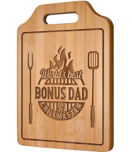 AceThrills Bonus Dad Gifts, Bonus Dad Christmas Gift for Birthday, Fathers Day - Engraved Bamboo Cutting Board 12.3'L x 8.7'W x 0.4'Th