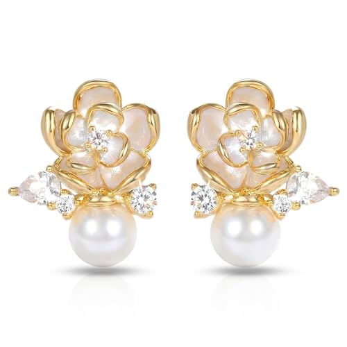 Gold Flower Pearl Drop Earrings for Women, Hypoallergenic Floral Earrings