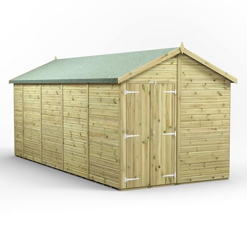 Image of Powersheds High Grade Premium Pressure Treated Windowless Apex Double Door Shed Garden Wooden Shed with Heavy Duty Frame, Galvanised Ironmongery made from Extra Thick Timber (18x8)