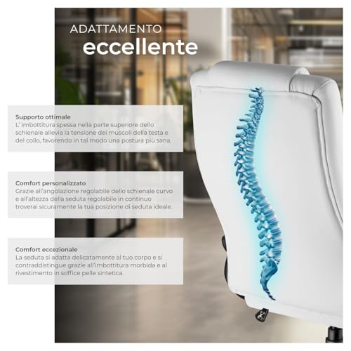 ® Sedia Ufficio, Imbottitura 12 cm, Sedia scrivania con Poggiatesta e Braccioli, Base con Rotelle, Sedia ergonomica con altezza regolabile, Inclinazione Continua, Poltrona Ufficio - Bianco - Sedia gaming - Immagine 4