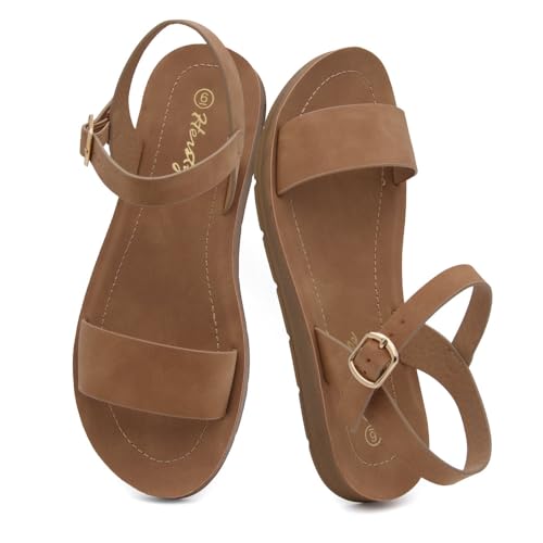 Image of Herstyle Flat Sandals for Women - Open Toe 1 Band Ankle Strap Summer Dressy Sandals, Lightweight Casual Strappy Slip-On Flats with Adjustable Buckle