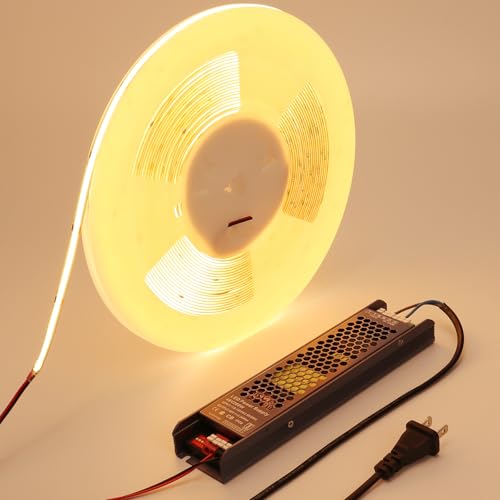 BENLUN Tira LED COB 48 V 20 metros, 3000 K blanco cálido flexible tiras LED para interiores, alta luminosidad luces LED con CA 220 V fuente de alimentación y enchufe para habitación, comercio