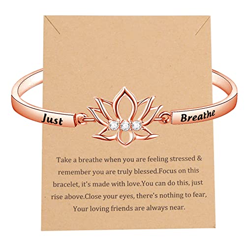 WUSUANED Spiritual Lotus Flower Bracelet With Message Card Just Breathe Jewelry Yoga Healing Inspirational Gift For Women (Just breathe bracelet card rose gold)