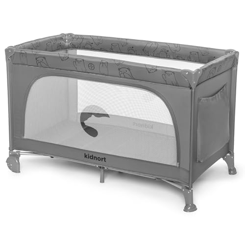 kidnort Grotta Reisebett Baby mit Matratze klappbares Babybett Kinderreisebett mit Seiteneinstieg Netzseiten 2 Rollen mit Bremse Tragetasche für Reise und Zuhause Hellgrau