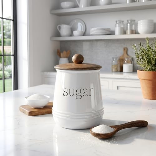 Image of Stylish Airtight Container for Kitchen, Sugar Storage,White, Metal with Wooden Lid & Spoon, 1000ml, Canister for Kitchen Counter top | Food-Safe Jar Set (Sugar)