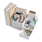 ESSOSWAY Schreibtisch Organizer - mit Stiftehalter - für Kosmetik Bücher - 6 Sortierfächer und Schublade - Büro Home Office Zubehör - Weiß