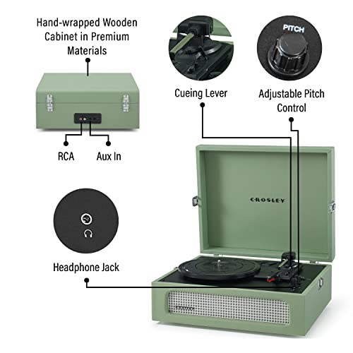 Image of Crosley CR8017B-SA Voyager Record Player, Sage | 3-Speed Turntable, Bluetooth In / Out, Built-in Full-Range Stereo Speakers, Adjustable Pitch Control