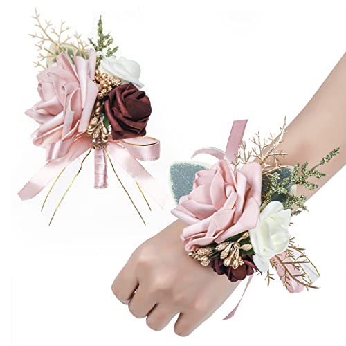YSUCAU Corsage and Men Boutonniere Set for Wedding, Blush & Burgundy Corsages Wristlet Band Bracelet for Wedding Mother of Bride and Groom, Prom Flowers (Blush & Burgundy)