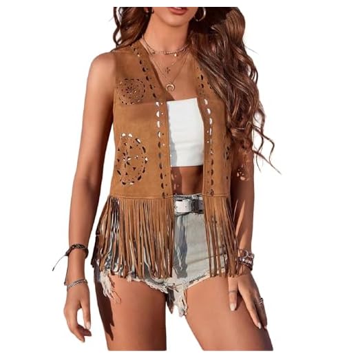 Qianderer Damen Fransenweste 60er 70er Jahre Hippie Weste Ärmellos Cowgirl Western Faux Wildleder Quasten Lederjacke Boho Weste Vintage Hippie Outdoor-Bekleidung, M