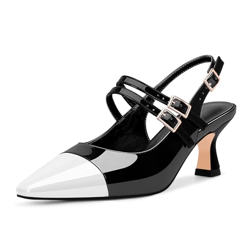 100FIXEO Women's Mid Heel Slingback Pumps Double Buckle Strap Two-Tone Patent Leather Dress Shoes