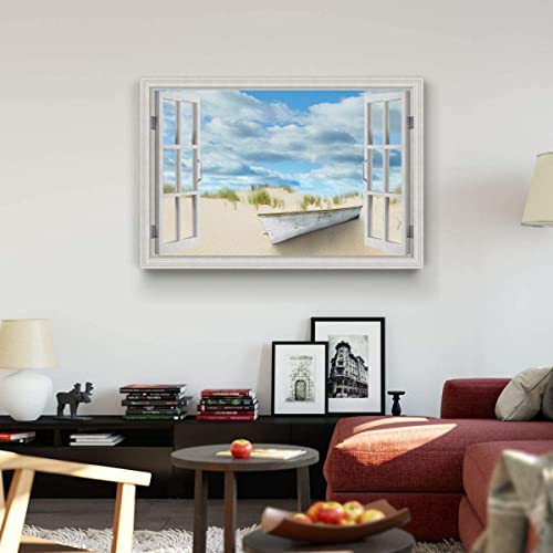 Renditions Gallery Canvas Wall Art Window View Of Abondoned Rustic Boat On Sandy Beach Wall Hanging Artwork For Living Room Office Kitchen Decor - 18"X27" Lt04 #TOP3