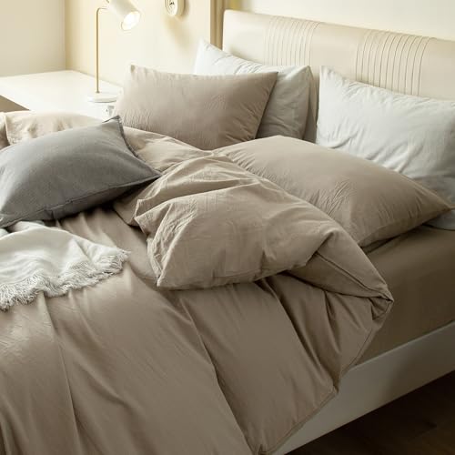 JIYUAN 100% Washed Cotton Duvet Cover Set 3 Pieces Super King, 1 Duvet Cover 108x98 Inches(Comforter Not Included) and 2 Pillowcases,Linen Feel Bedding Set Comfy and Breathable,Khaki