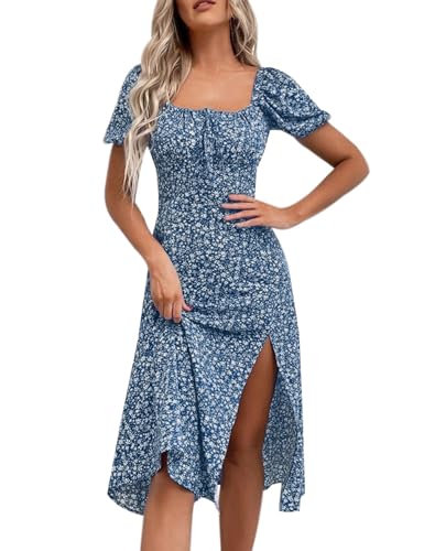 Image of SPRIME Women's Floral Summer Casual Dress Square Neck Puff Sleeve Boho Midi Dresses Ruched Bust High Waist Split Long Dress