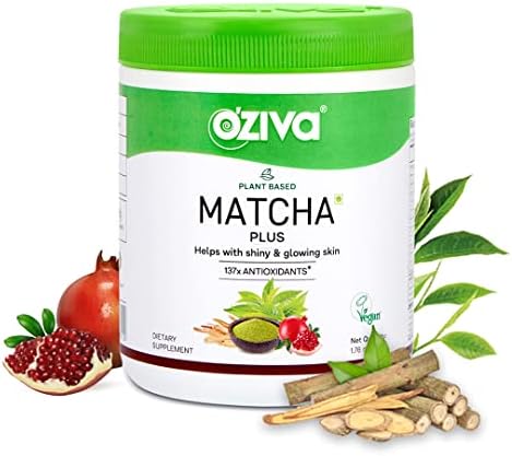 OZiva Plant Based Matcha Plus | Support Dark Circle Removal and Pigmentation Reduction Powder (with Matcha, Activated Charcoal, Licorice & Ginger), Certified Vegan, 50 g