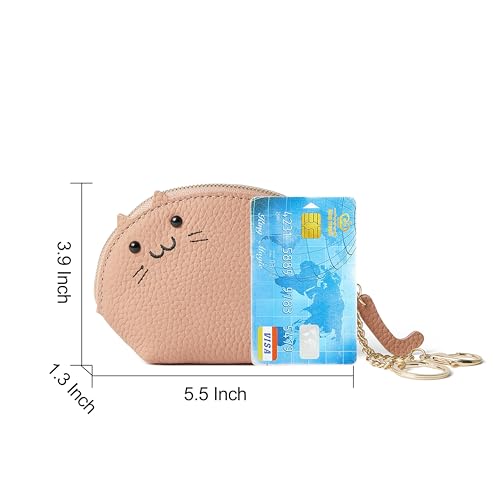 Image of Doris&Jacky Small Leather Coin Purse for Women, Mini Cat Coin Pouch And Animal Zipper Card Holder Wallet With Keychain (2-Light Pink)