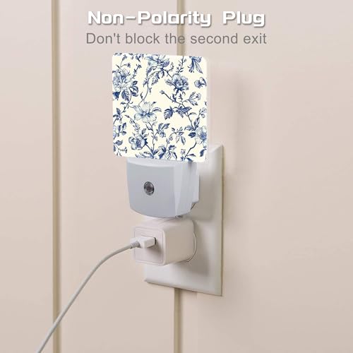 Image of Vintage Blue Flowers Night Light, Abstract Botanical Floral Leaves Dusk to Dawn Night Light Plug in, 0.5w Energy Saving Sleep Friendly NightLight for Kids Boys Girls Home Decor